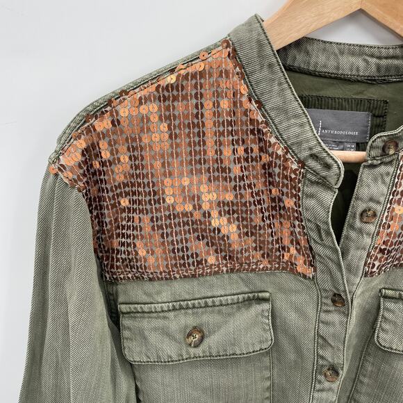 ANTHROPOLOGIE Army Green Sequined Cargo Button Down Shirt // 14 - Picture 6 of 14